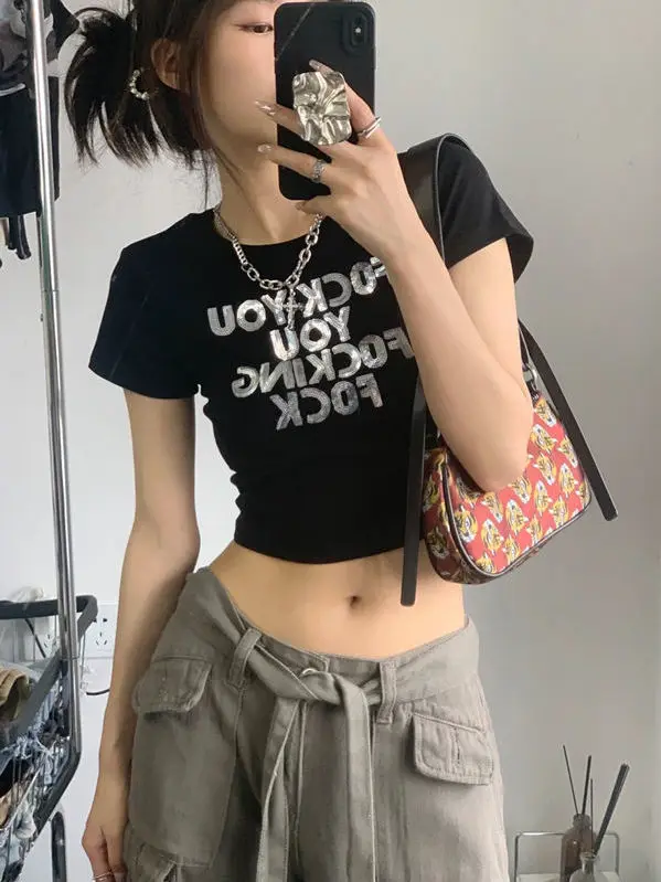 2000s Streetwear Harajuku maglietta a maniche corte Y2K Fashion Letter Print Cute Baby T Shirt Summer E-girl Black Crop Top Slim Fit