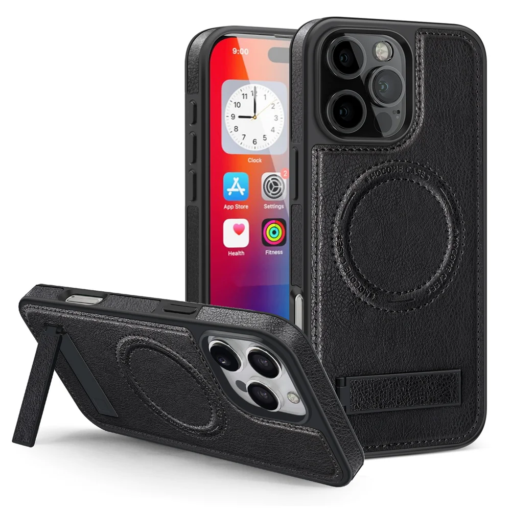 

Fashion Leather Magsafe Phone Case for iPhone 16 Pro Max 16E 15 14 13 12 11 With Stand Bracket Strong Magnetic Shockproof Cover