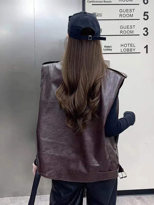 Autunno Pu Leather Jaet Donna Studente Coreano Allentato Sottile Or Top Versatile Gilet da motociclista Cappotto lungo sintetico alla moda