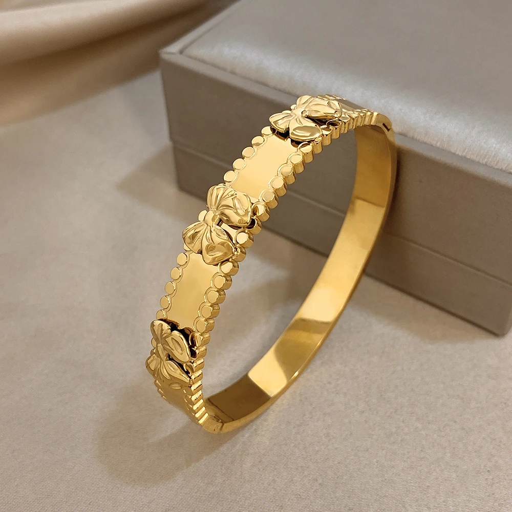 Greatera Retro Carved Bowknot Bracelet For Women Unique European American Colorfast Stainless Steel Metal Design Cuff Bangles