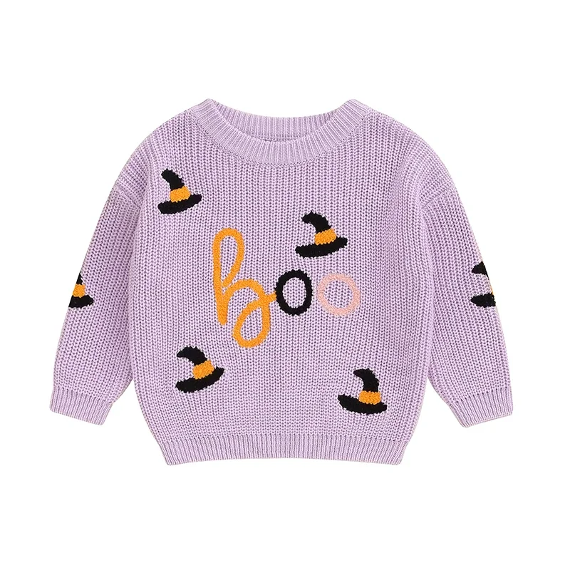 Toddler Girls Sweater Halloween Clothes Witch Hat Letter Embroidered Long Sleeve Kids Knitted Pullovers Sweaters Fall Tops