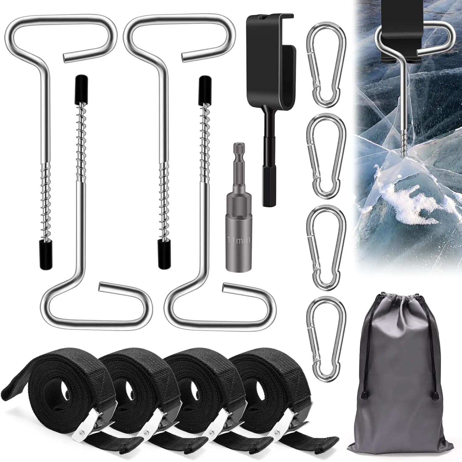 15PCS Universal Ice Anchor Drill Adapter Kit,Heavy Duty Ice Fishing Anchor Tool Kit, Ice Anchor Stake Tool with Storage Bag