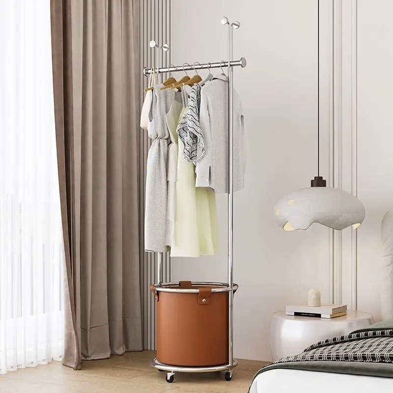 

Clothing Rack Stand - Wheel Coat Rack with Brown Leather storage basket - Rolling Stainless Steel Coat Rack for Bedroom