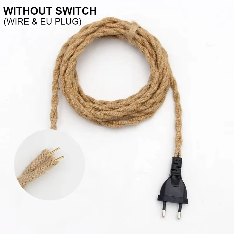 GANRILAND EU プラグ電源コードツイスト麻ロープ装飾 E27 ソケット銅ランプベースケーブル 2 メートル 220V 電線照明用