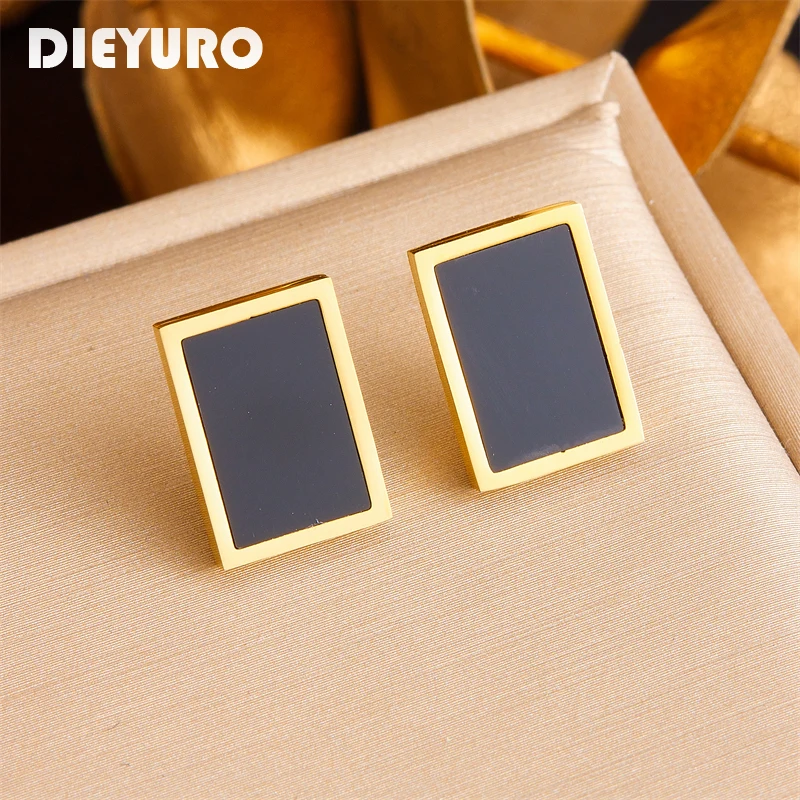 DIEYURO 316L Stainless Steel Square Black Stud Earrings For Women Girl Fashion New Ear Jewelry Lady Gift Party серьги женские