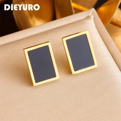 DIEYURO 316L Stainless Steel Square Black Stud Earrings For Women Girl Fashion New Ear Jewelry Lady Gift Party серьги женские