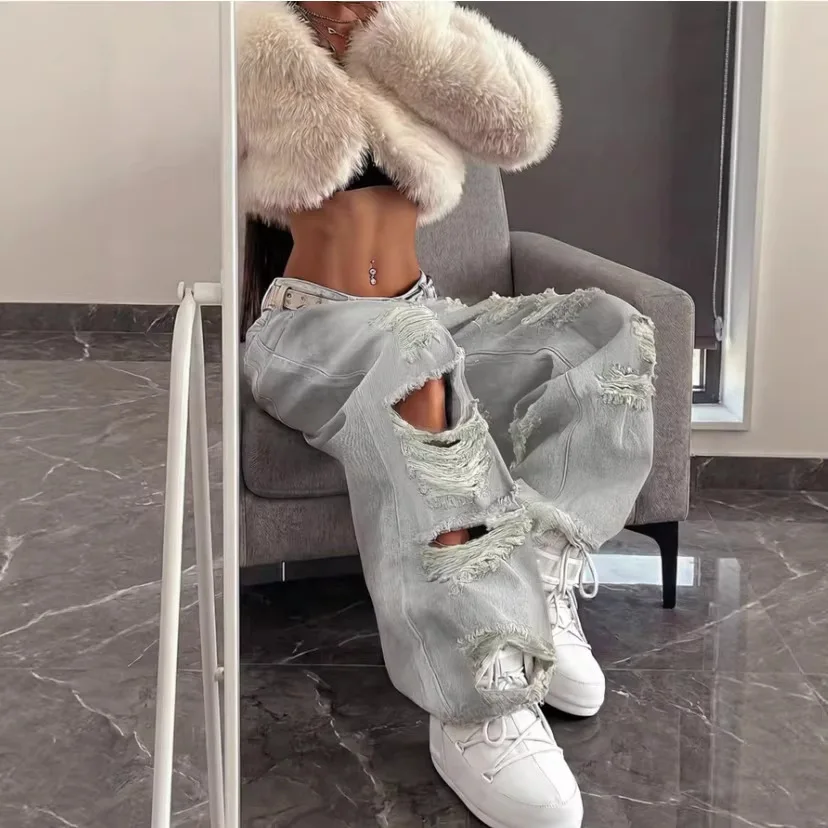 2026 Spring and Summer Jeans Trendy Brand Flow Loose Straight South Korean Version Versatile Piercing Patch Pants
