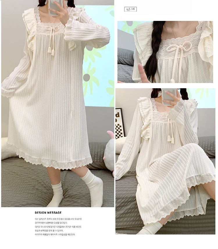 Plus Size Maternity Nightgown Sweet Lace Patchwork Ruffles Long Sleeve Square Collar Pregnant Woman Nightwear Dobby Dress+pads