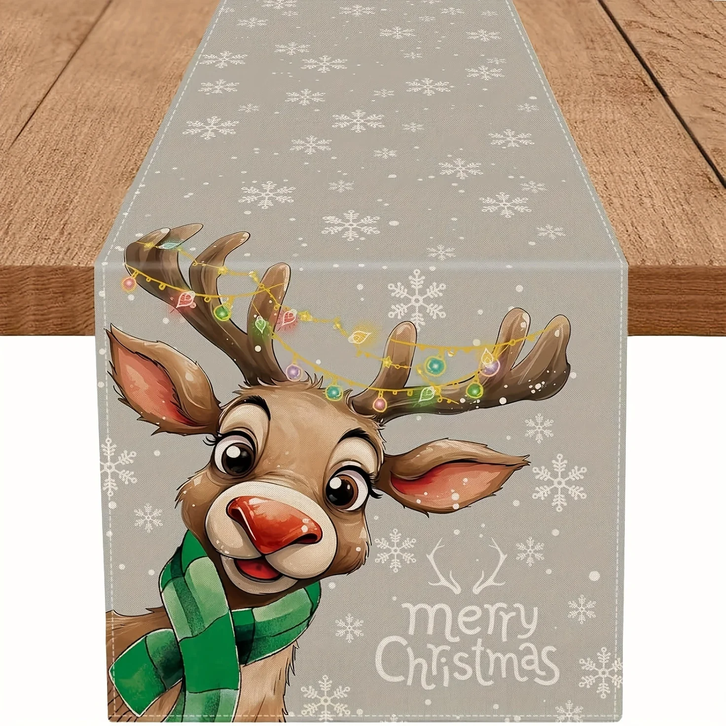1pc Festive Reindeer Snowflake Christmas Table Runner - Gray Holiday Decor With Merry Christmas Design Perfect For Indoor/