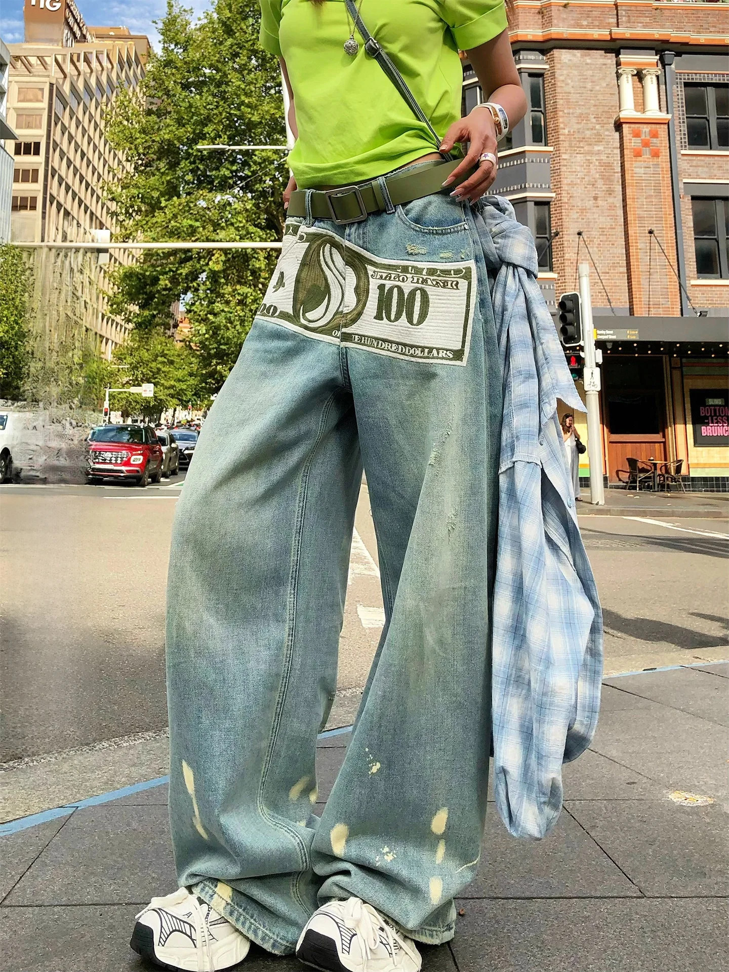 

Женские джинсы Wan Jun в американском ретро-стиле: модные широкие брюки с принтом, повседневные прямые джинсы для женщин