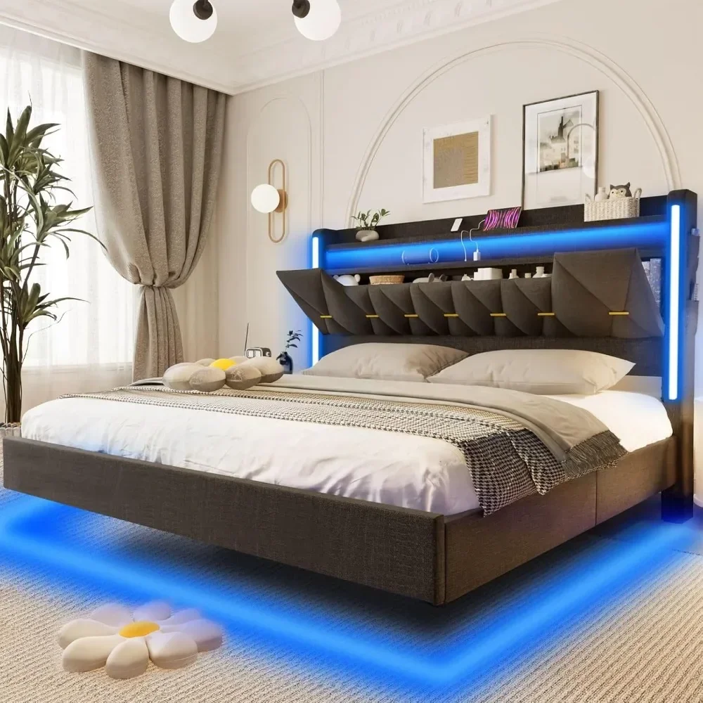 Cama King Size com cabeceira e espaço de armazenamento oculto, Otlets AC, portas de carregamento tipo C e USB, RGB Light Fabric Bed Frame