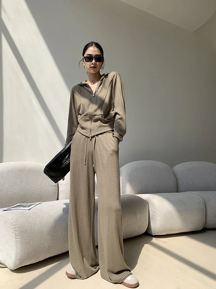 

JWUNIQUE женский вязаный комплект из двух предметов с капюшоном, открытый кардиган, дэт, высокая талия, широкие повседневные брюки, осень-зима, моя