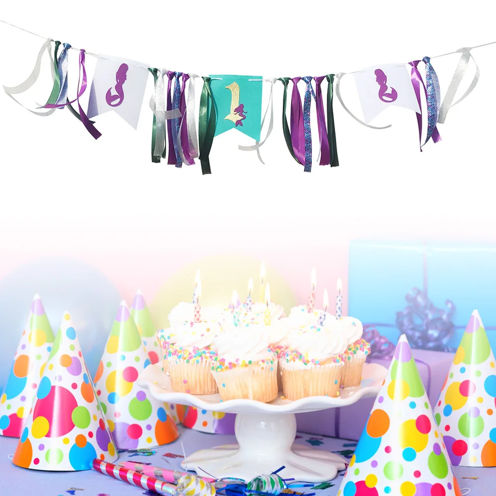 

Highchair Banner 1st Birthday Mermaid Theme Lightweight Nonwovens Ribbon Treated No Fray Photo Prop Baby Girl Party
