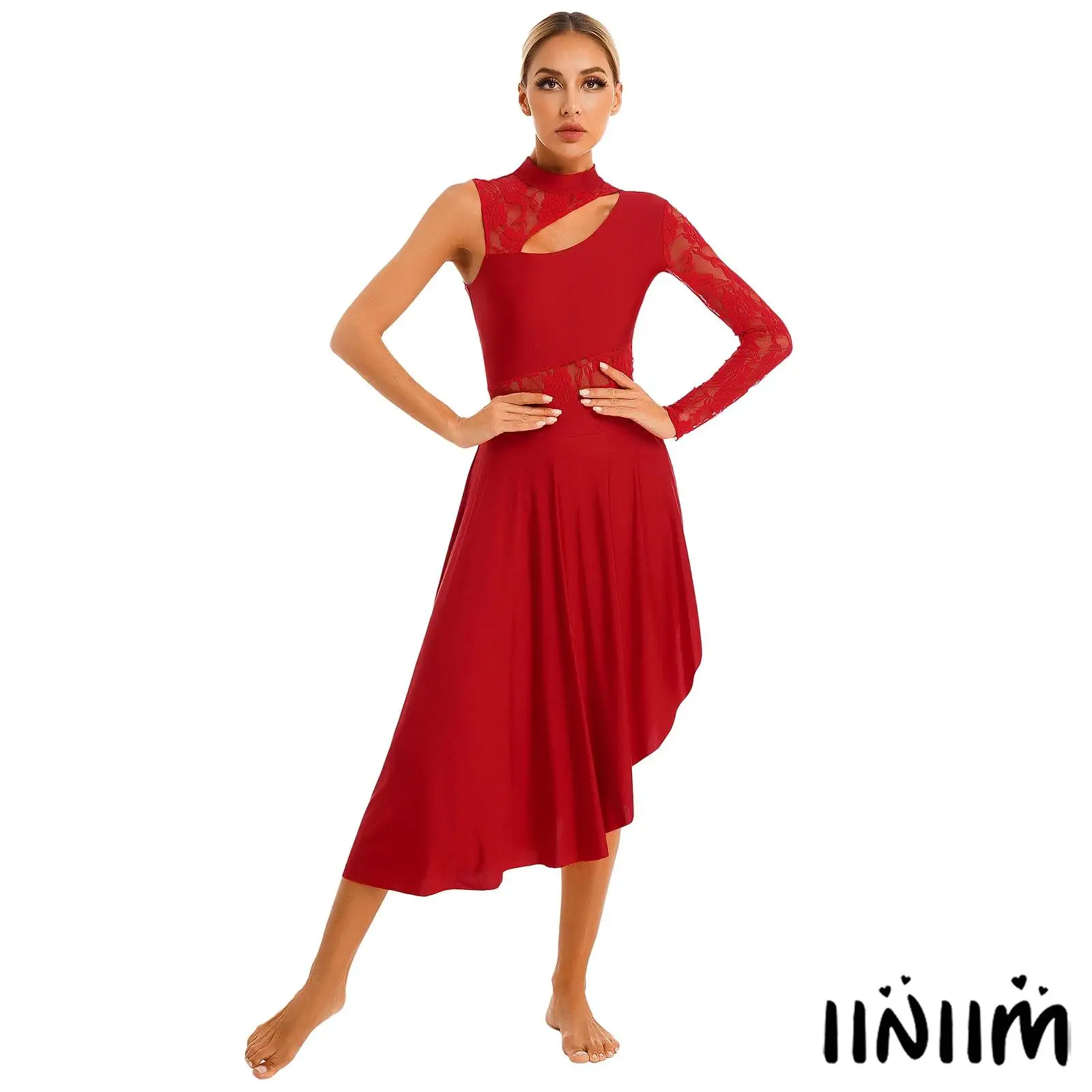 

Womens Modern Lyrical Dance Dress Sleeveless Sheer Mesh Lace Irregular Hem Ballet Leotard Dresses Ballroom Waltz Dancewear