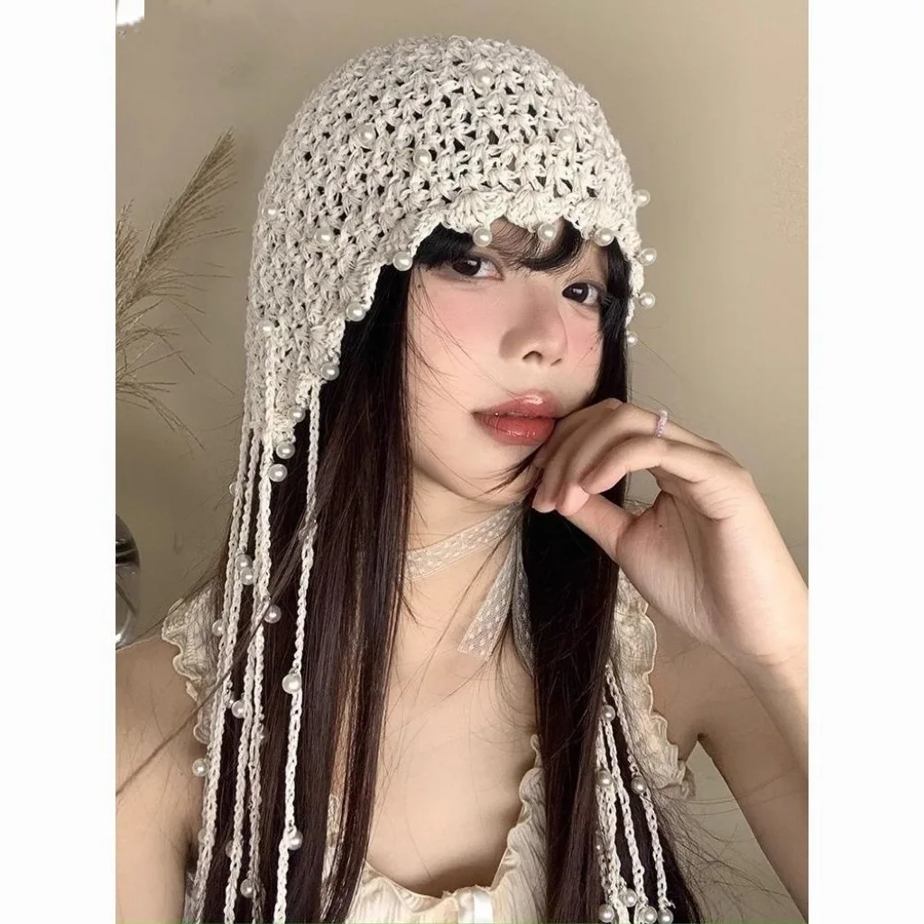 

Hollow Out Pearl Fringe Tassel Beanie for Women Ethnic Style Knit Slouchy Hat Vintage Face Slimming Cap