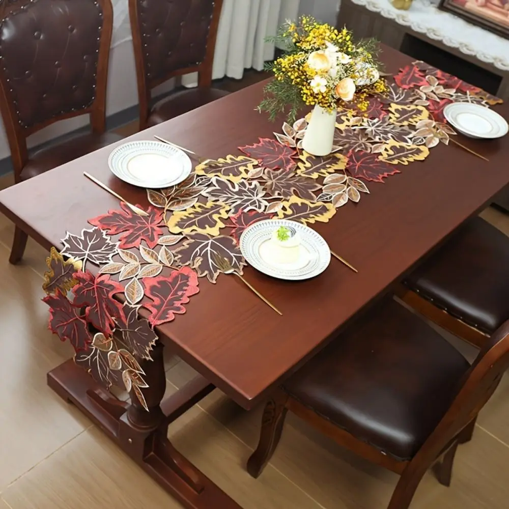 Rustic Maple Leaf Embroidered Table Runner Multicolor Hollow Dinner Mat Leaf Pattern Table Mat Farmhouse Dining