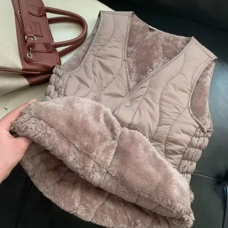 Fall/winter Cotton Fleece Lining Vest Jackets Women's Short Slim Fit  Warm Korean Thick V-neck Waistcoat Female