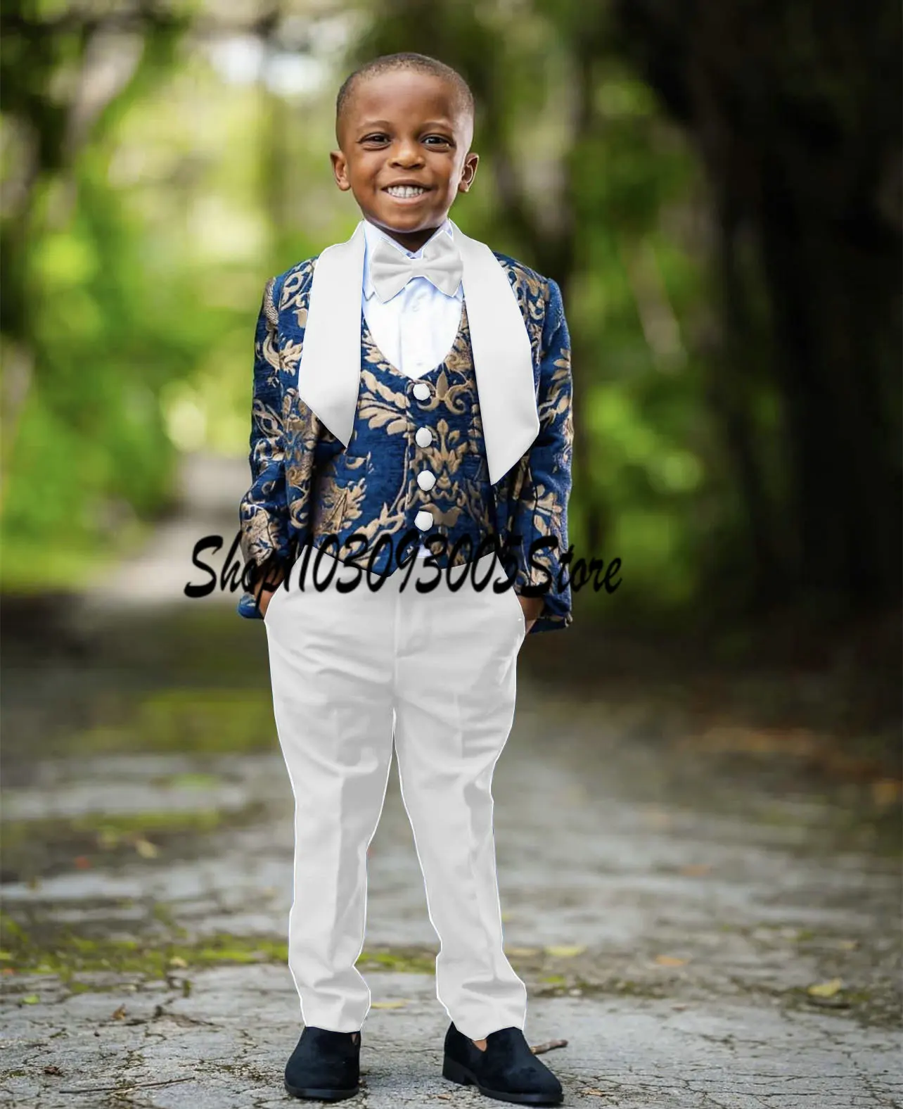 Floral Printed Boys Suit 3 Piece Wedding Tuxedo Child Formal Jacket Set Dinner Blazer Pants Vest Kids Costume Outfit