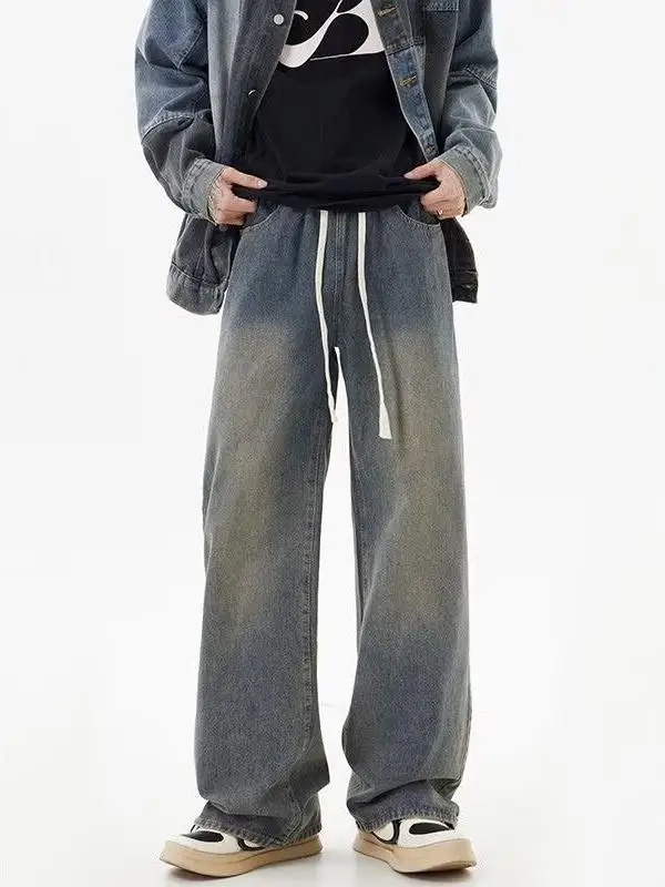 

Синие джинсы в стиле ретро, свободные прямые брюки для мужчин, осень-весна, повседневные длинные брюки в американском стиле, молодежная мода