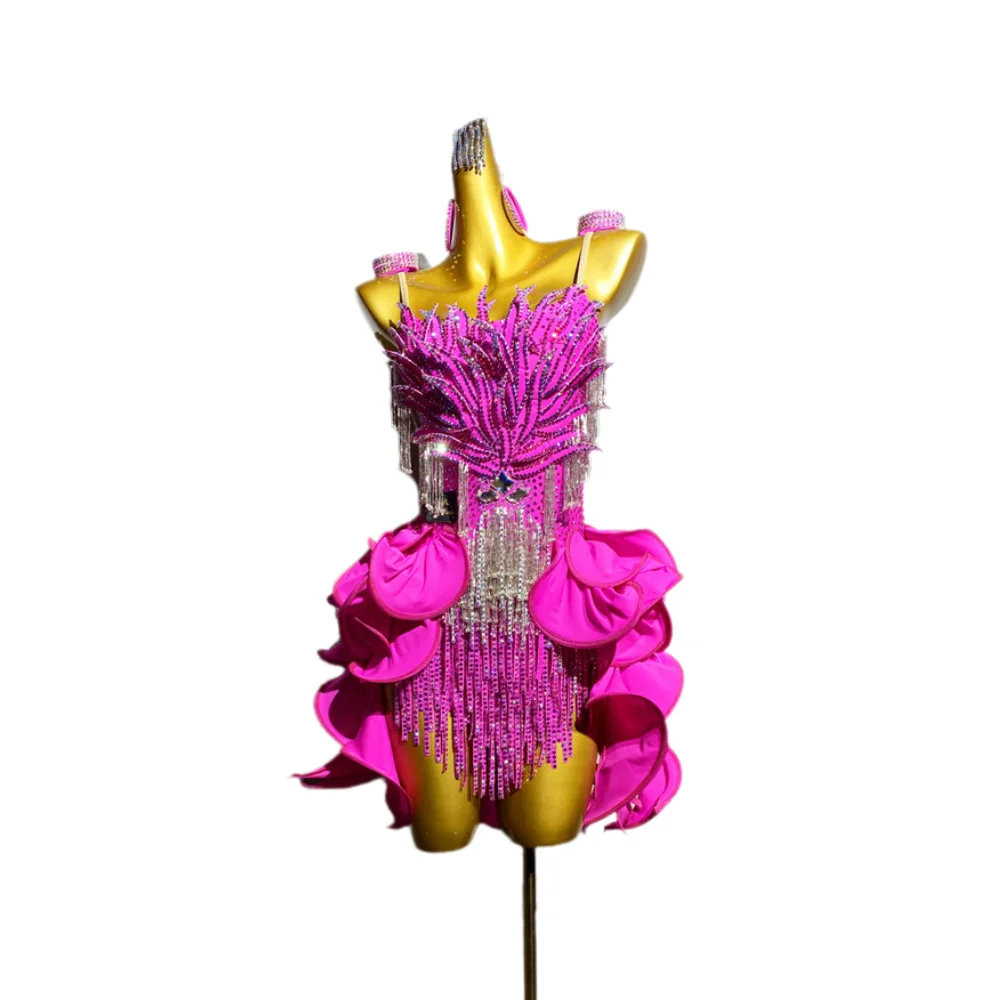 الرقص اللاتيني AB حجر الإناث الكبار الأطفال الراقية مخصصة حبة أنبوب شرابة هيكل السمكة تنورة سوداء بركة السامبا الأداء فستان