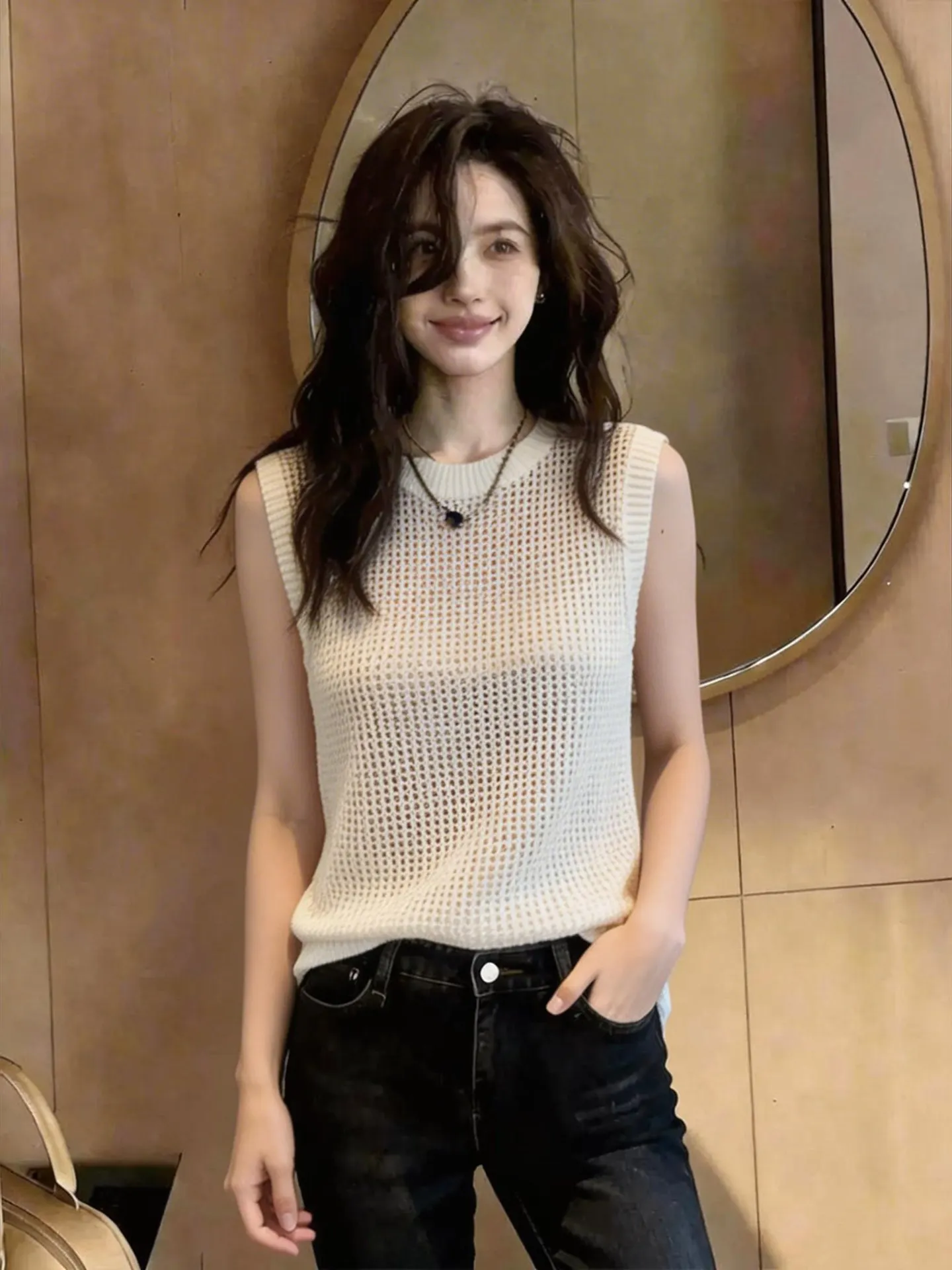 

Spring Summer New Fashion White Knitted Vest Design Sensation Commute Style Sleeveless Inner Wear Beautiful Back Top Women's ...