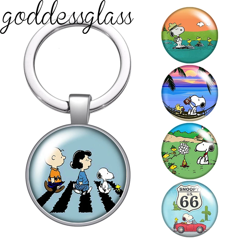 Camping Seaside Snoopy Family Cartoon photo glass cabochon keychain Bag Car key chain Ring Holder Charms keychains earrings