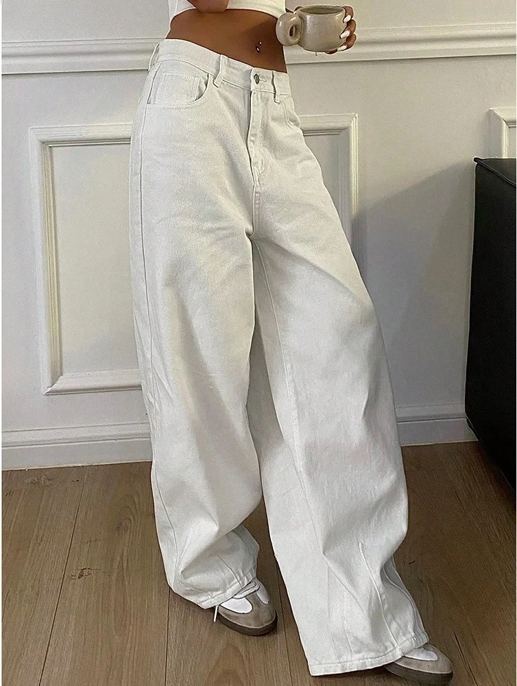 2026 Loose Jeans Fashion Women High Waist Pocket White Solid Color Retro Wide Leg Jeans Casual Office Ladies Commuter Trousers