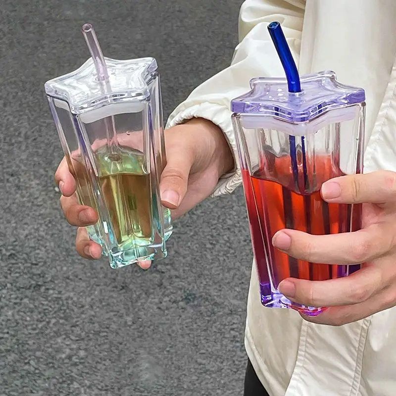 Summer High-value Glass Straw Cup Polygonal Household Drinking Cup Dazzling Juice Drink Milk Cup Star Cup Couple Cup