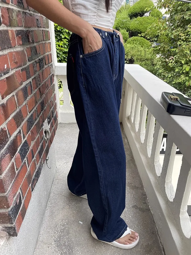 

High Waist Loose Straight Leg Jeans Women's Summer Versatile High Waist Dstring Clean Design Wide Leg Jeans Casual Sle