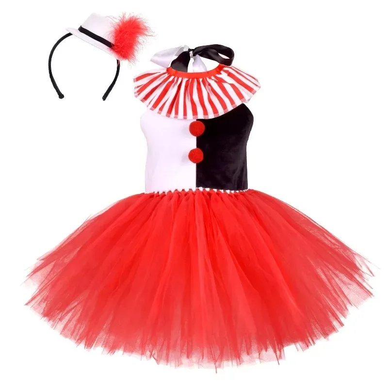Rotes 3-teiliges Tüll-Tutu-Outfit für Mädchen im Clown-Stil, Mesh-Performance-Kleidung für Halloween, Karneval, Bühnenshows und Partys