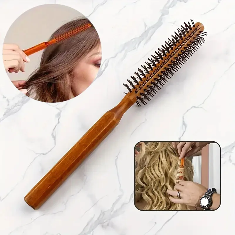 

Деревянная круглая роликовая расческа для женщин, парикмахерская щетка для волос, круглые расчески, мини-тихий валик с шариковым наконечником, нейлоновая щетина
