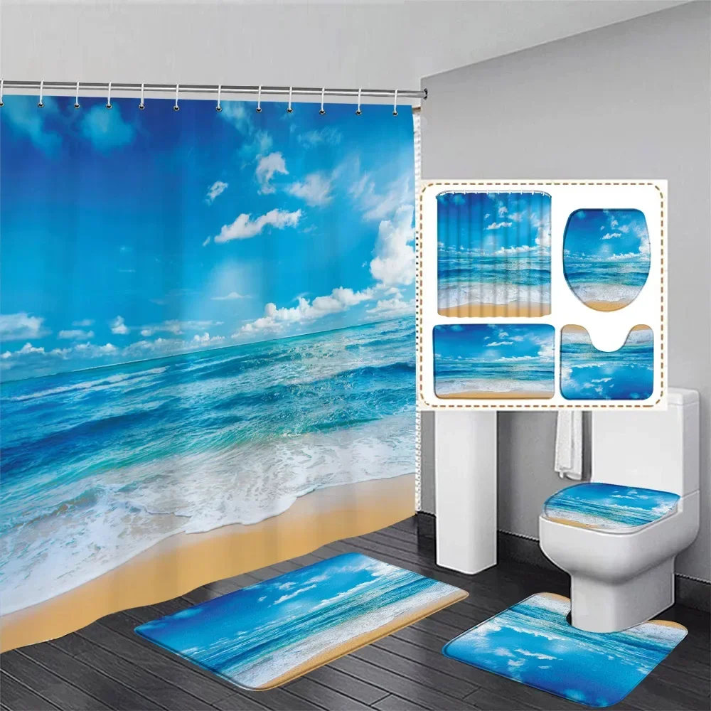 Coconut Trees Beach Shower Curtain Set Hawaiian Island Ocean Nature Landscape Bathroom Decor Floor Rug Bath Mat Toilet Lid Cover