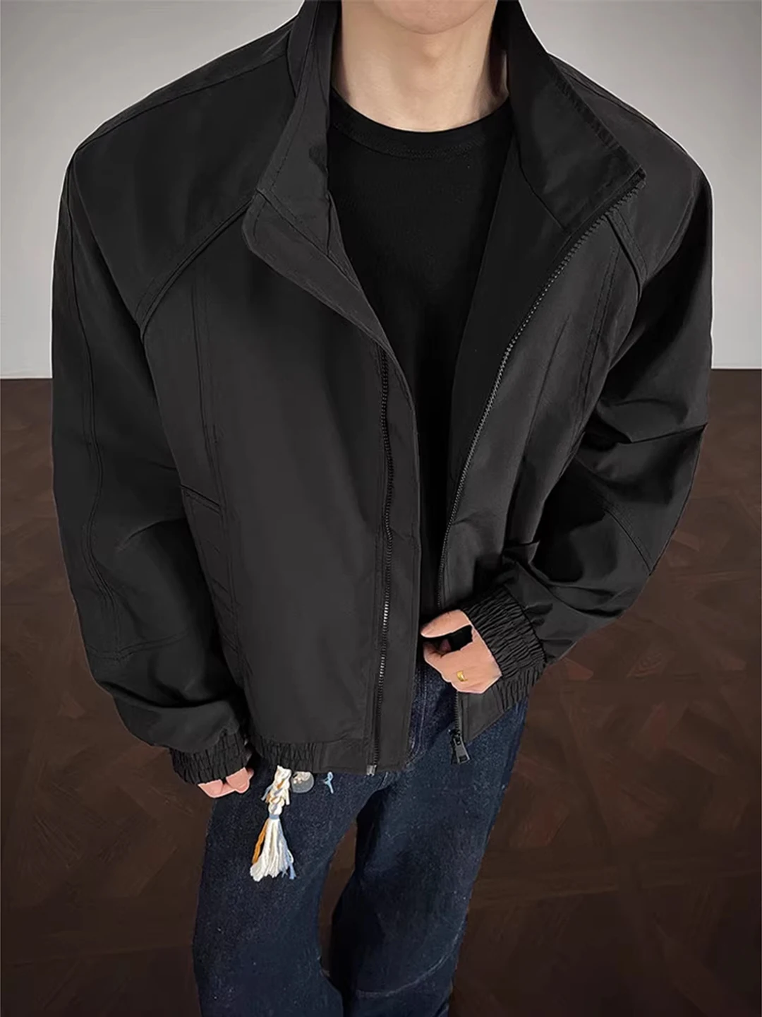 Black American Style Flight Jacket Men's Spring Autumn Splice Three-proof Stand Collar Short Coat Youth Fashion Outdoor Wear