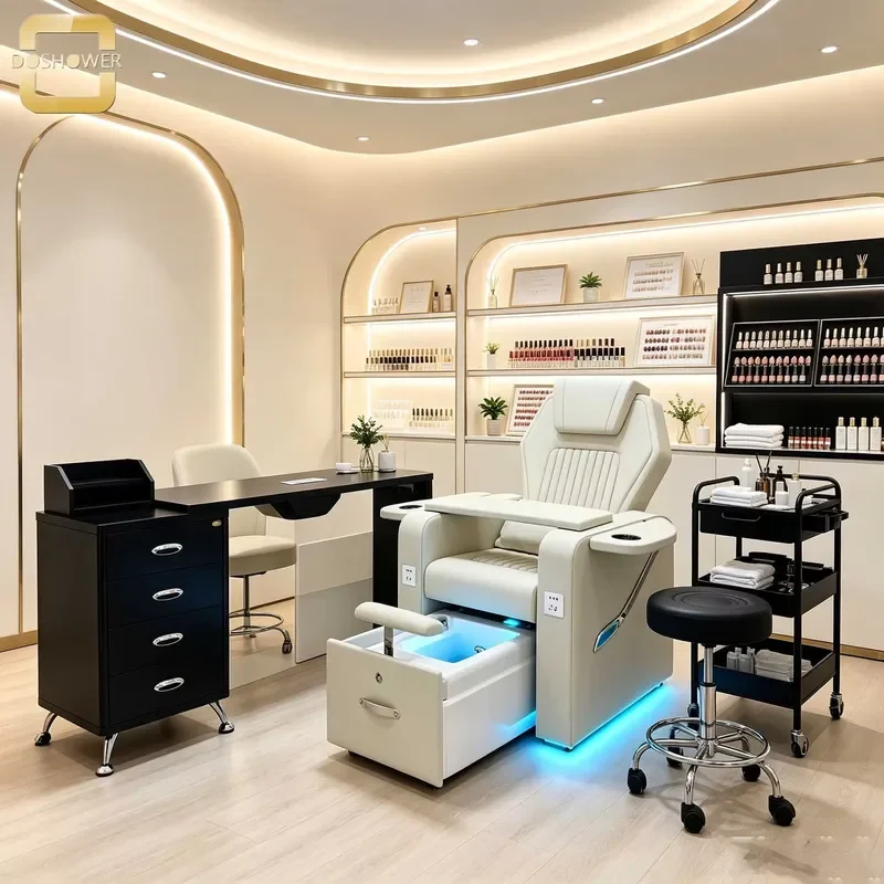 Premium Cream Beige Pedicure Chair with Side Blue LED Ambient Light Strip for Private Nail and Foot Massage Studio