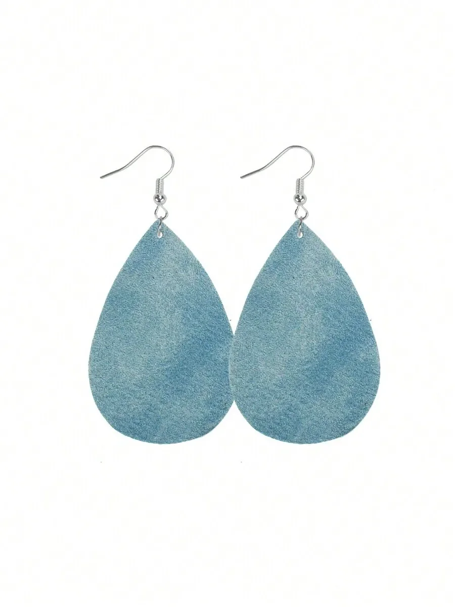 

Teardrop Shaped Lightweight Leather Earrings In Faded Blue Color For Women