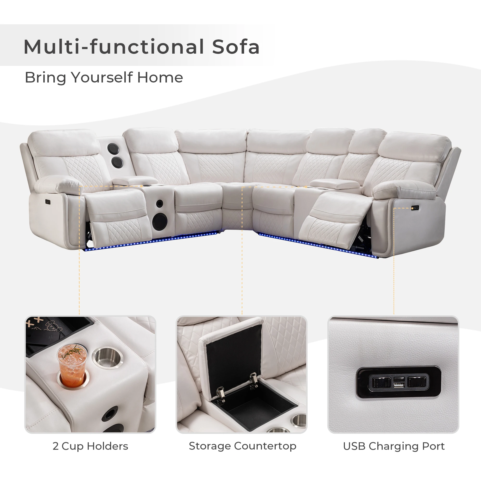 Power Recliner Sofa Sectional Couches With Bass Speakers For Living Room Faux Leather Reclining Corner Sectionals Couch (M047)