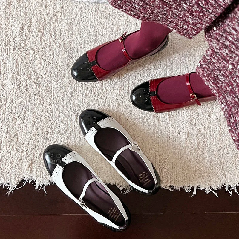 MKKHOU Fashion Women's Shoes New High Quality Genuine Leather Color blocked Retro Mary Janes Shoes Low Heel Leather Shoes Women