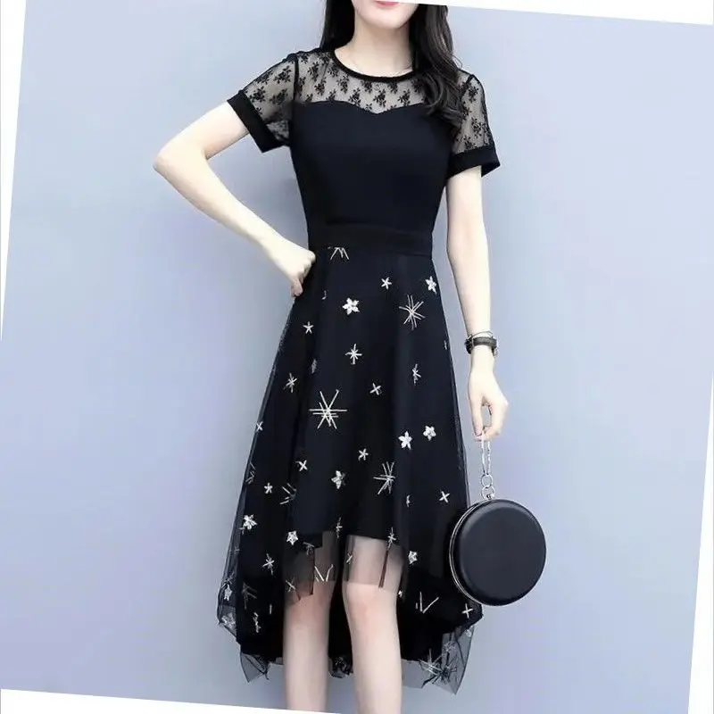 Summer Robe Short Sleeve New Women's Clothing Round Neck Fashion Style Large Size Elegant Female Clothing Loose Slim Lace Dresse