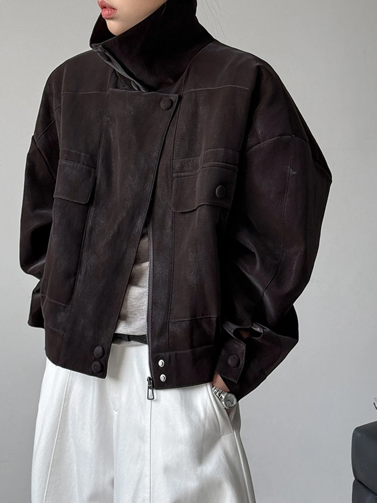Coffee Faux Suede Big Size Casual Jacket New Stand Collar Long Sleeve Women Coat Fashion Tide Spring Autumn