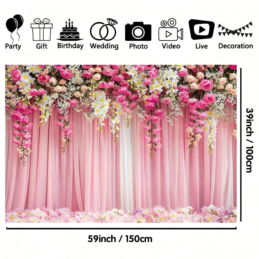 1pc Flower photography background, Wedding - birthday pink flower background banner, flower photography background Dessert table
