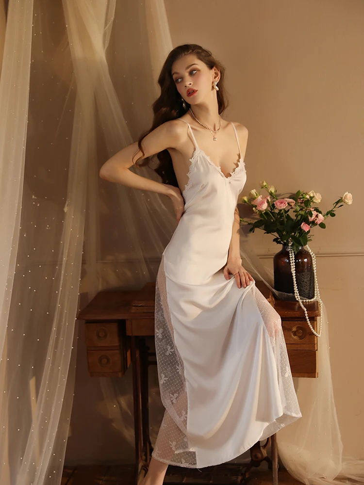 

Dawnloom White Satin Deep V Crisscross Backless Lace Long Nightgown Elegant Sexy Luxury Home Sleep Dress