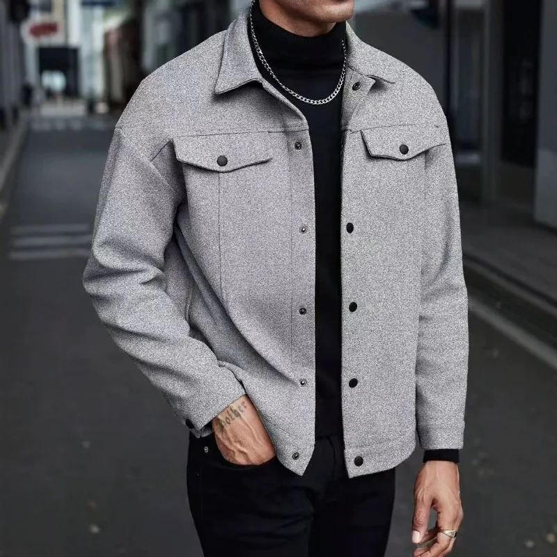 Men Lapel Collar Button Down Jacket Flap Pockets Long Sleeve Loose Casual Outerwear Coat