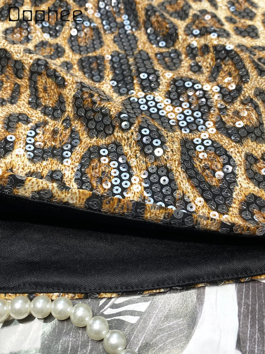 High street personalidade quente menina leopardo impressão lantejoulas saia brilhante moda sexy cintura alta magro mini saia feminina a linha saias