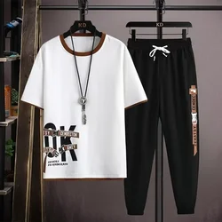 Mens Joggers Set Korean Fashion Outfit Suits Print T-shirt Multi-pocket Cargo Pants 2 Piece Set Summer Mne Clothing 2024 New