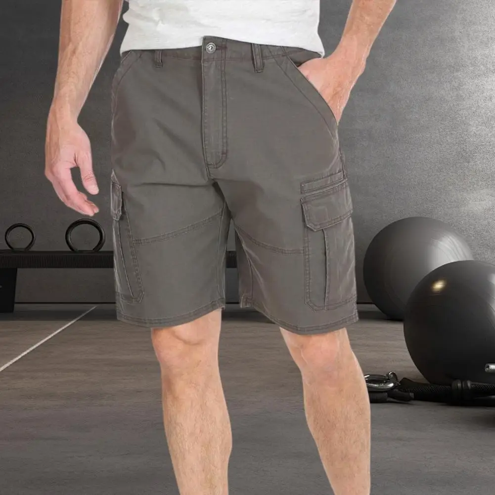 솔리드 컬러 남성 반바지 야외 등산 체육관 운동 멀티 포켓이있는 남성용 카고 반바지 운동용 통기성 패브릭 무릎