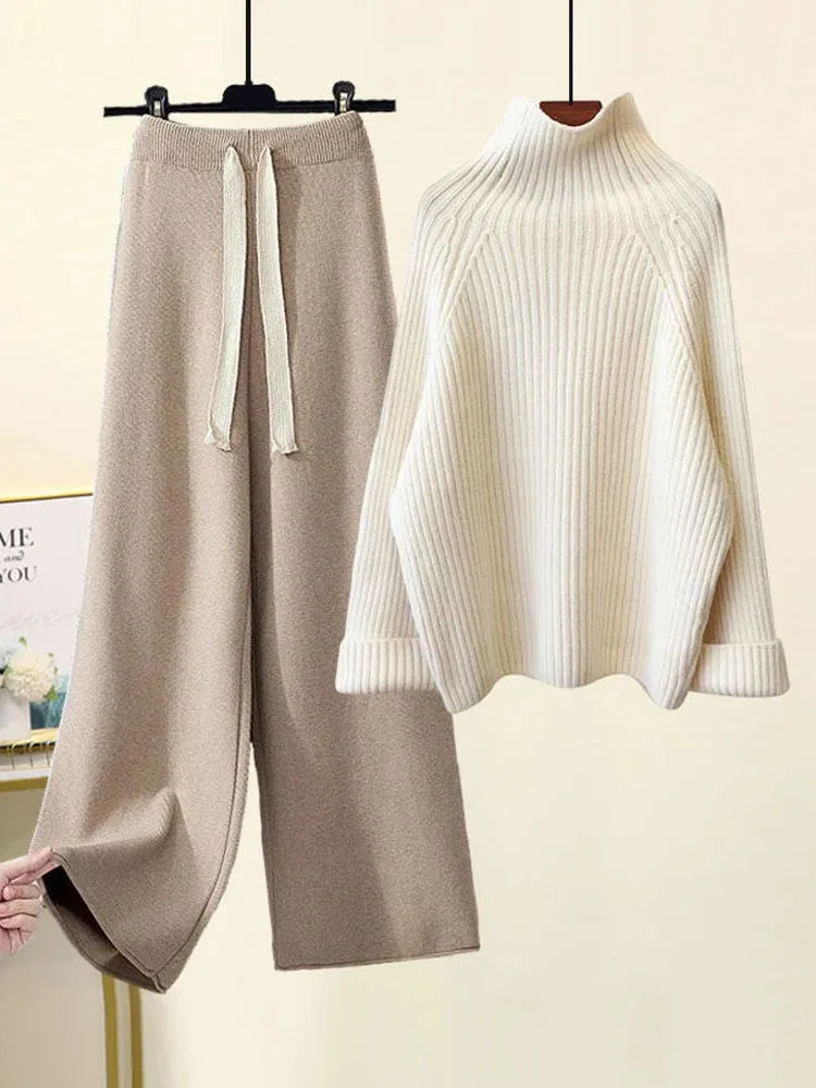 Winter Warm Knitwears For Women Turtleneck Long Sleeve Pullover Sweater+High Waist Wide Leg Drawstring Knitted Pants Sets