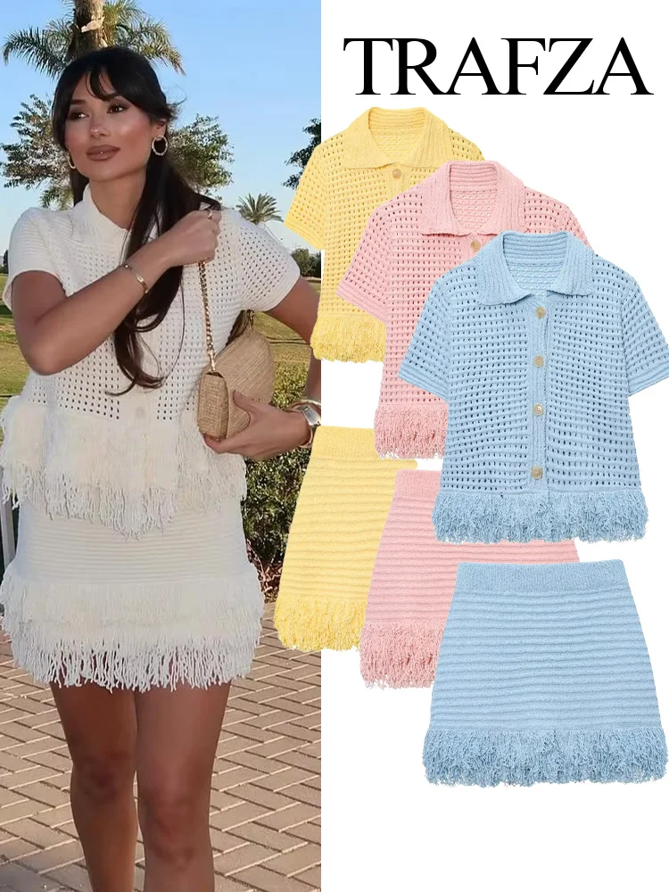 

TRAFZA Women Knitted Mini Skirts Set Short Sleeve Lapel Single-breasted Fringe Decorate Tops+High Waist A-Line Skirt Women Suits