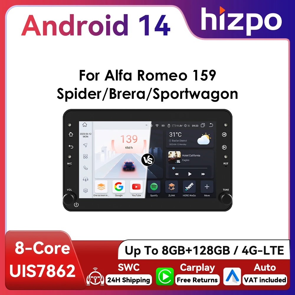 7 " Hizpo 2Din Android Auto autoradio pour Alfa Romeo 159 Brera Spider Sportwagon multimédia CarPlay RDS DSP GPS Navigation UI7862