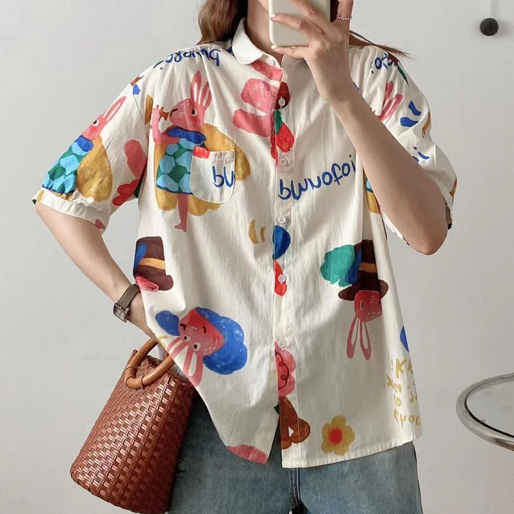 

Japanese Sweet Mori Girl Vintage Cartoon Graffiti Print Cotton Shirts Women Summer Turn Down Collar Short Sleeve Casual Blouse