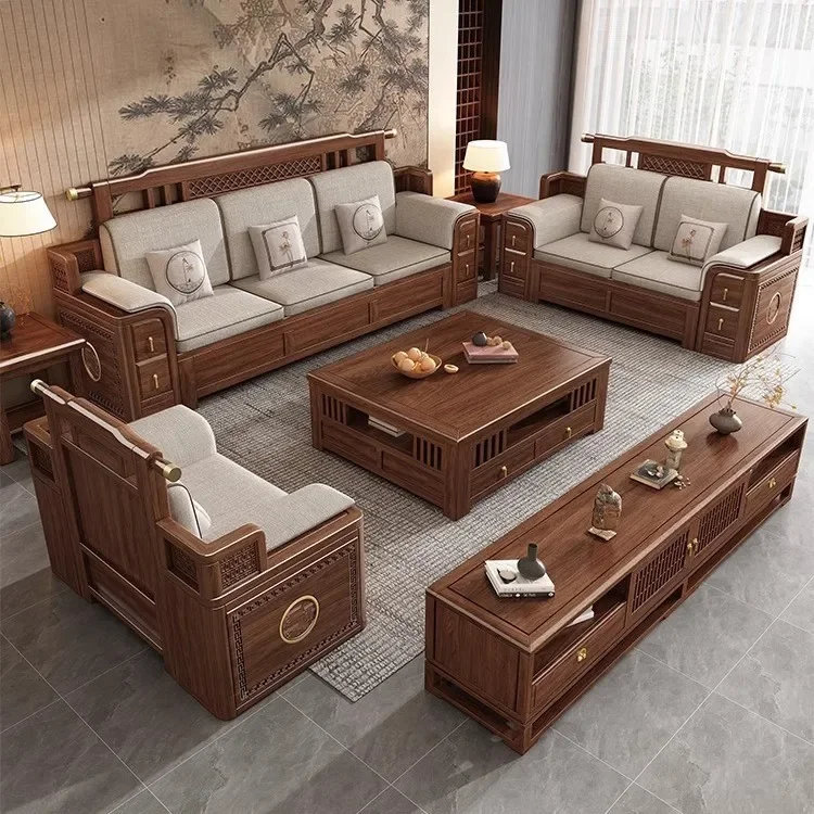 Solid Wood Walnut Sofa Living Room Wooden Chinese Winter Summer Dual Purpose Box Storage Furniture Thickened